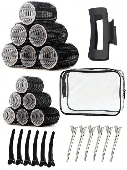 2pcs/Set Hair Curlers, 12pcs Hair Rollers, Suitable For Long, Medium, Short Hair, Large, Medium, Small Self-Adhesive Hair Curlers, With 12pcs Hair Rollers, 1pc Hair Clip, 1pc Makeup Bag And 1pc Hair C
