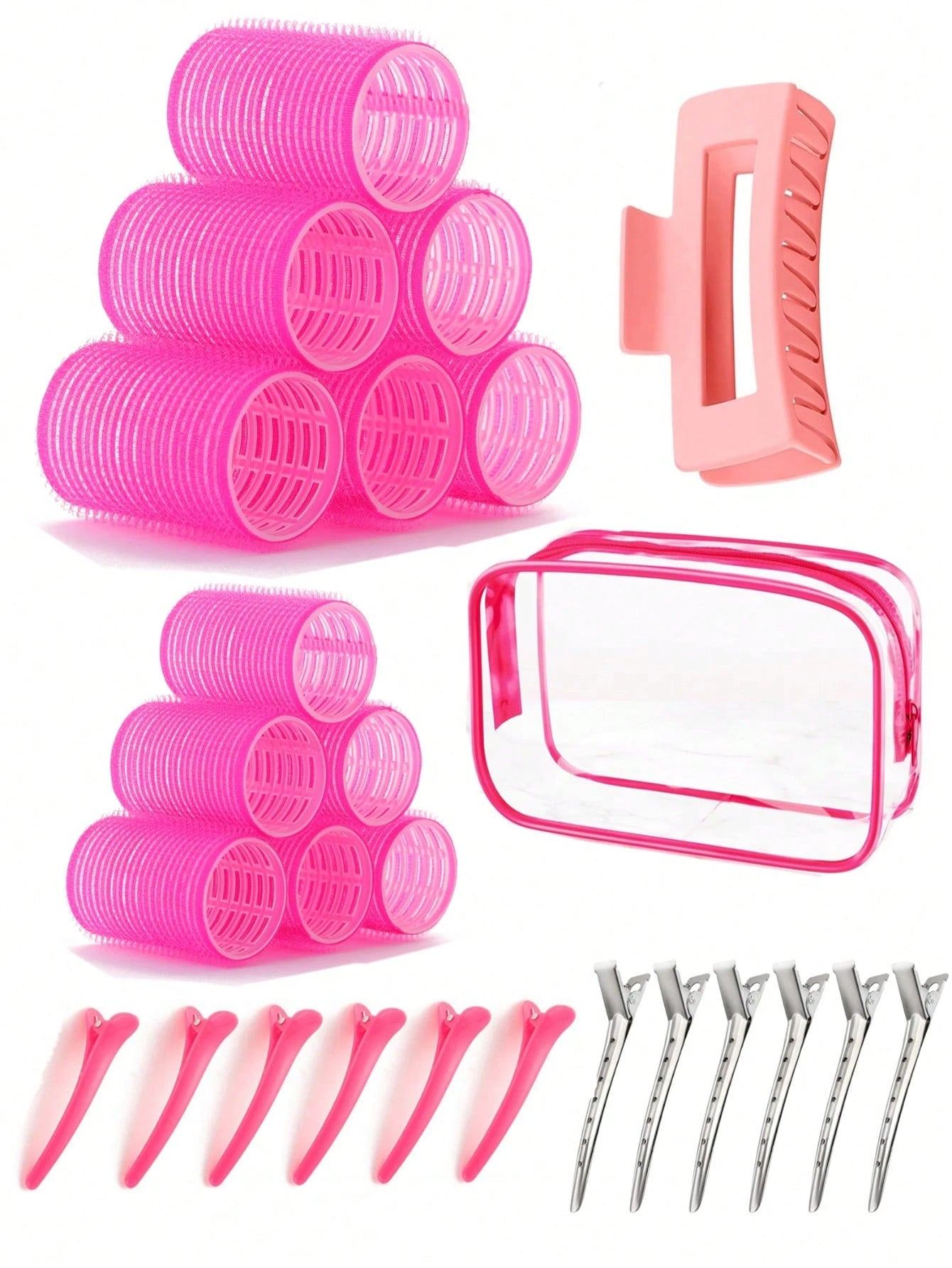2pcs/Set Hair Curlers, 12pcs Hair Rollers, Suitable For Long, Medium, Short Hair, Large, Medium, Small Self-Adhesive Hair Curlers, With 12pcs Hair Rollers, 1pc Hair Clip, 1pc Makeup Bag And 1pc Hair C