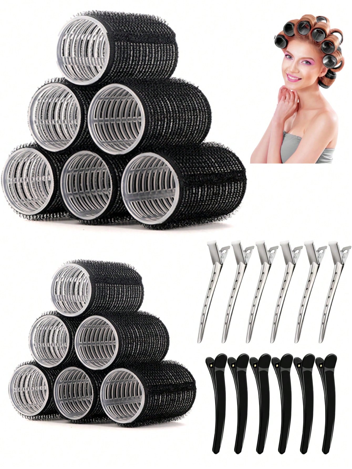 2pcs/Set Hair Curlers, 12pcs Hair Rollers, Suitable For Long, Medium, Short Hair, Large, Medium, Small Self-Adhesive Hair Curlers, With 12pcs Hair Rollers, 1pc Hair Clip, 1pc Makeup Bag And 1pc Hair C