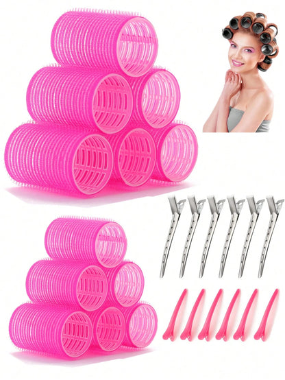 2pcs/Set Hair Curlers, 12pcs Hair Rollers, Suitable For Long, Medium, Short Hair, Large, Medium, Small Self-Adhesive Hair Curlers, With 12pcs Hair Rollers, 1pc Hair Clip, 1pc Makeup Bag And 1pc Hair C