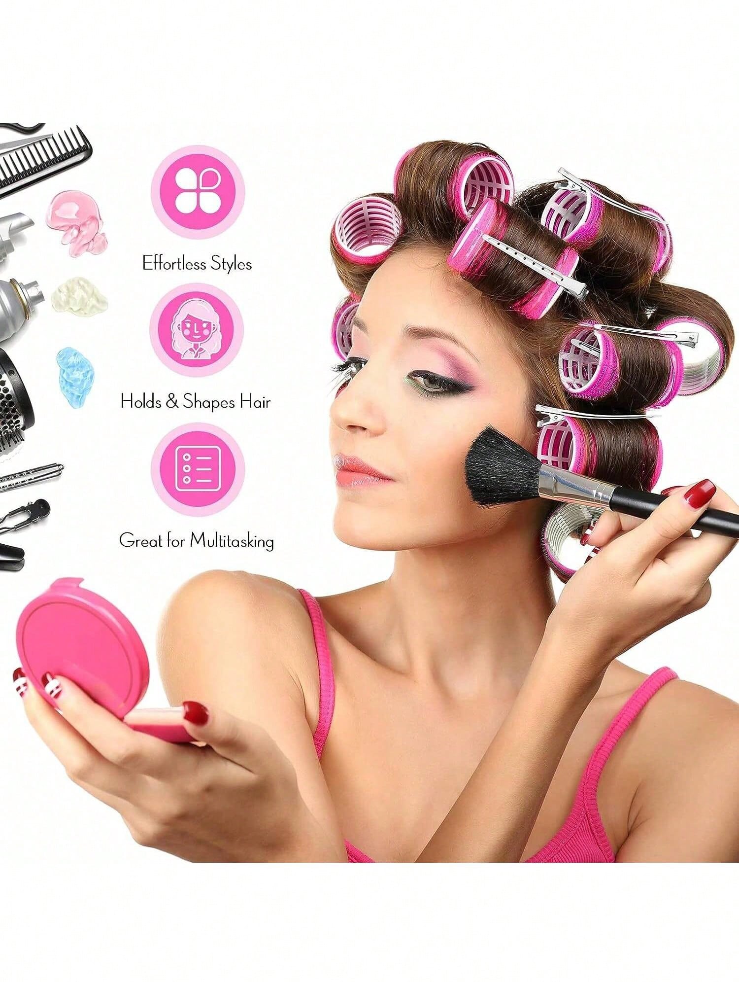 2pcs/Set Hair Curlers, 12pcs Hair Rollers, Suitable For Long, Medium, Short Hair, Large, Medium, Small Self-Adhesive Hair Curlers, With 12pcs Hair Rollers, 1pc Hair Clip, 1pc Makeup Bag And 1pc Hair C