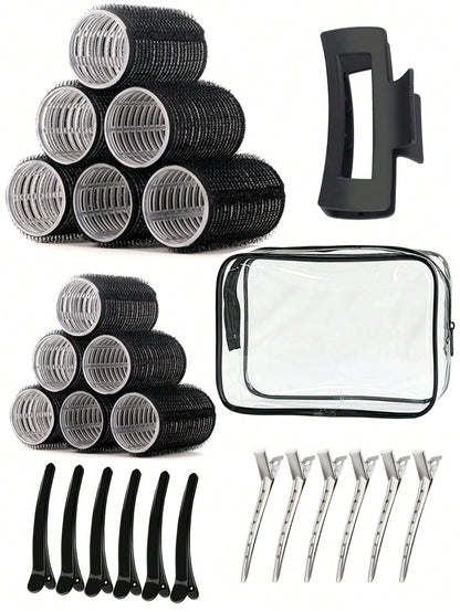 2pcs/Set Hair Curlers, 12pcs Hair Rollers, Suitable For Long, Medium, Short Hair, Large, Medium, Small Self-Adhesive Hair Curlers, With 12pcs Hair Rollers, 1pc Hair Clip, 1pc Makeup Bag And 1pc Hair C