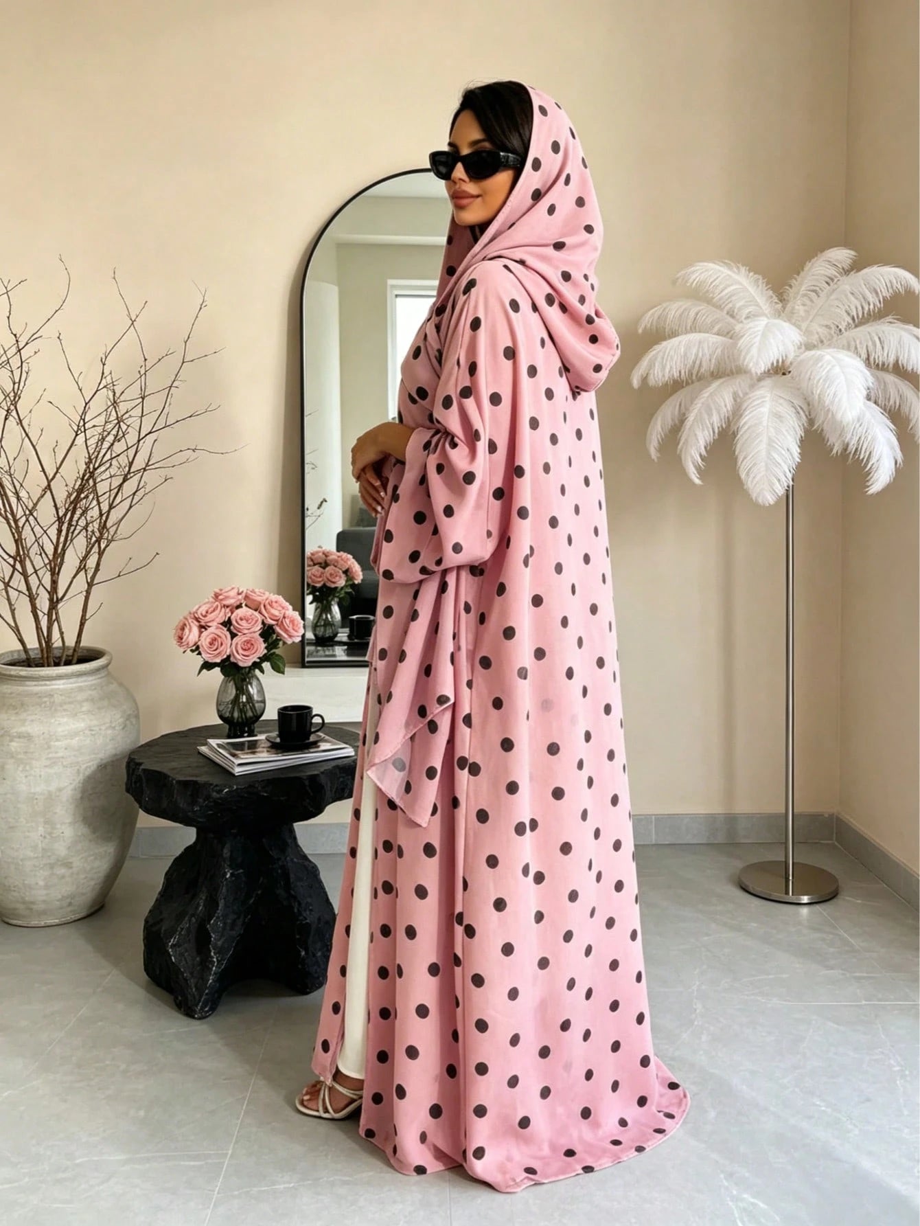 2pcs Set Hijab + Open Abaya, Dubai Islamic Muslim Modest Floral Print Cardigan Headscarf For Women Daily Wear