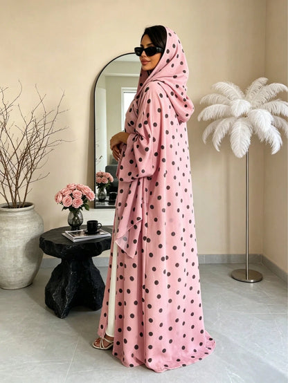2pcs Set Hijab + Open Abaya, Dubai Islamic Muslim Modest Floral Print Cardigan Headscarf For Women Daily Wear