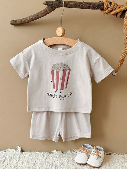 2pcs/Set Infants & Toddlers Food Print Short Sleeve T-Shirt And Shorts Set, Summer