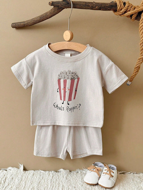 2pcs/Set Infants & Toddlers Food Print Short Sleeve T-Shirt And Shorts Set, Summer