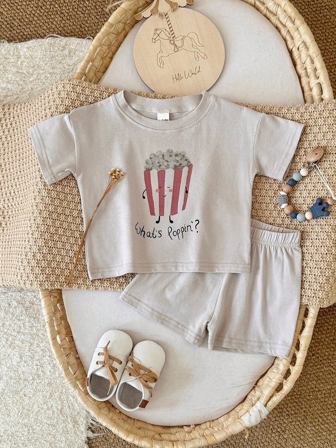 2pcs/Set Infants & Toddlers Food Print Short Sleeve T-Shirt And Shorts Set, Summer