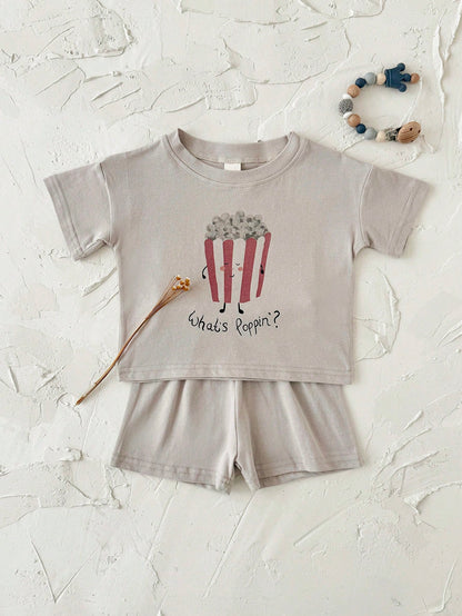 2pcs/Set Infants & Toddlers Food Print Short Sleeve T-Shirt And Shorts Set, Summer