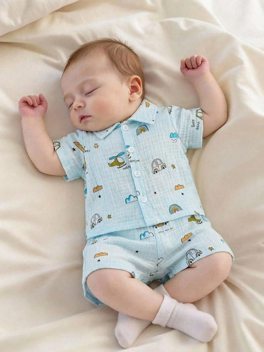 2pcs/Set Newborn Baby Boys' Summer Casual Outfit Light Blue Cotton Short Sleeve Polo Shirt & Shorts Car Airplane Rainbow Print Soft Clothes