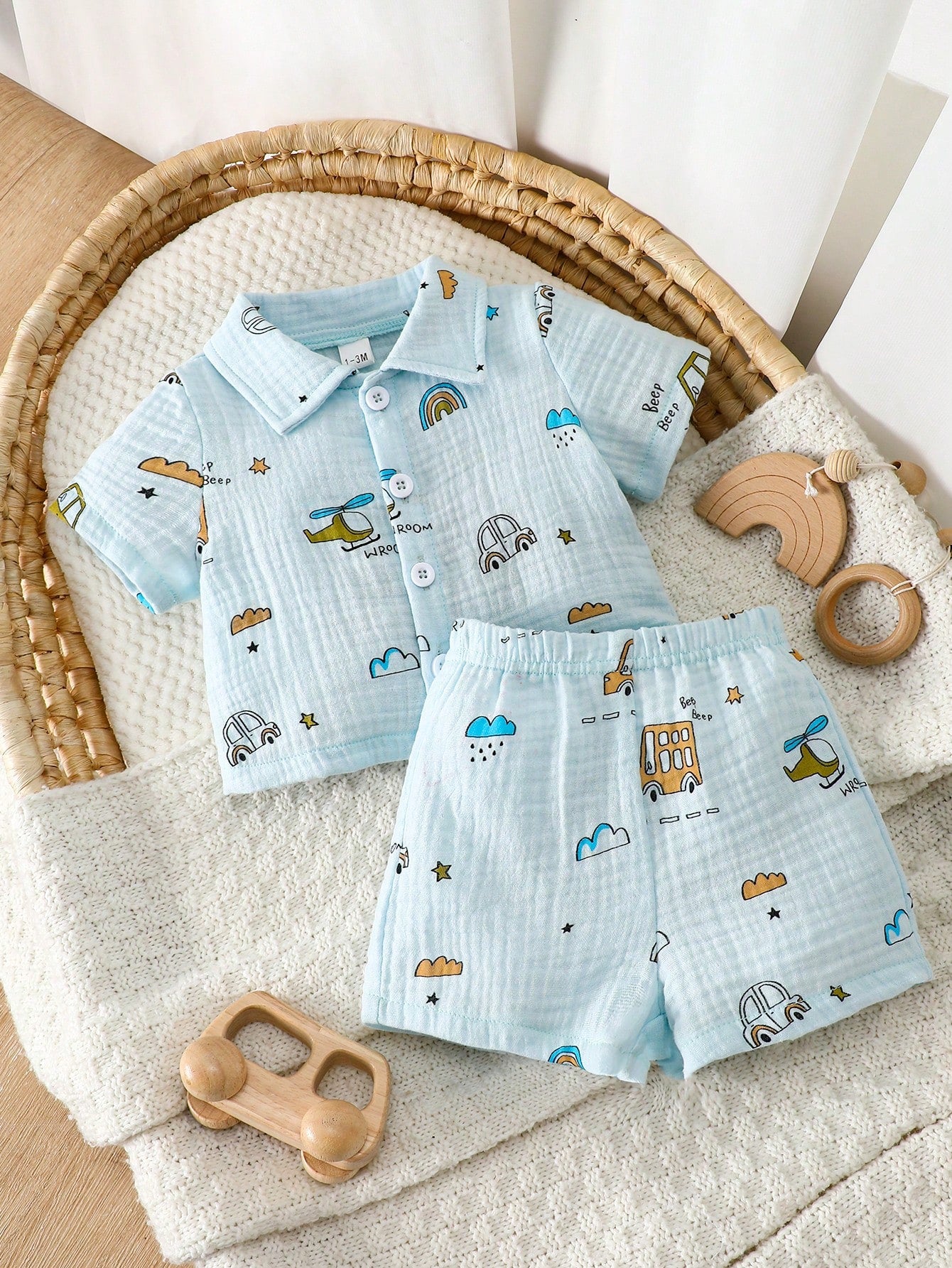 2pcs/Set Newborn Baby Boys' Summer Casual Outfit Light Blue Cotton Short Sleeve Polo Shirt & Shorts Car Airplane Rainbow Print Soft Clothes