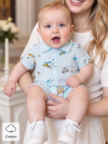 2pcs/Set Newborn Baby Boys' Summer Casual Outfit Light Blue Cotton Short Sleeve Polo Shirt & Shorts Car Airplane Rainbow Print Soft Clothes