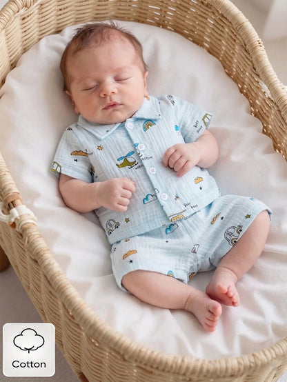 2pcs/Set Newborn Baby Boys' Summer Casual Outfit Light Blue Cotton Short Sleeve Polo Shirt & Shorts Car Airplane Rainbow Print Soft Clothes