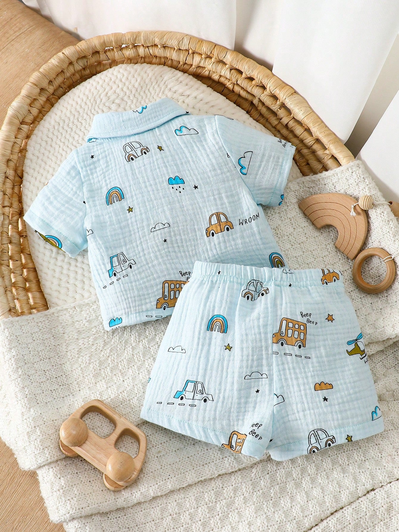 2pcs/Set Newborn Baby Boys' Summer Casual Outfit Light Blue Cotton Short Sleeve Polo Shirt & Shorts Car Airplane Rainbow Print Soft Clothes