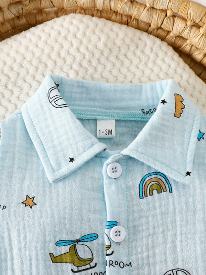 2pcs/Set Newborn Baby Boys' Summer Casual Outfit Light Blue Cotton Short Sleeve Polo Shirt & Shorts Car Airplane Rainbow Print Soft Clothes