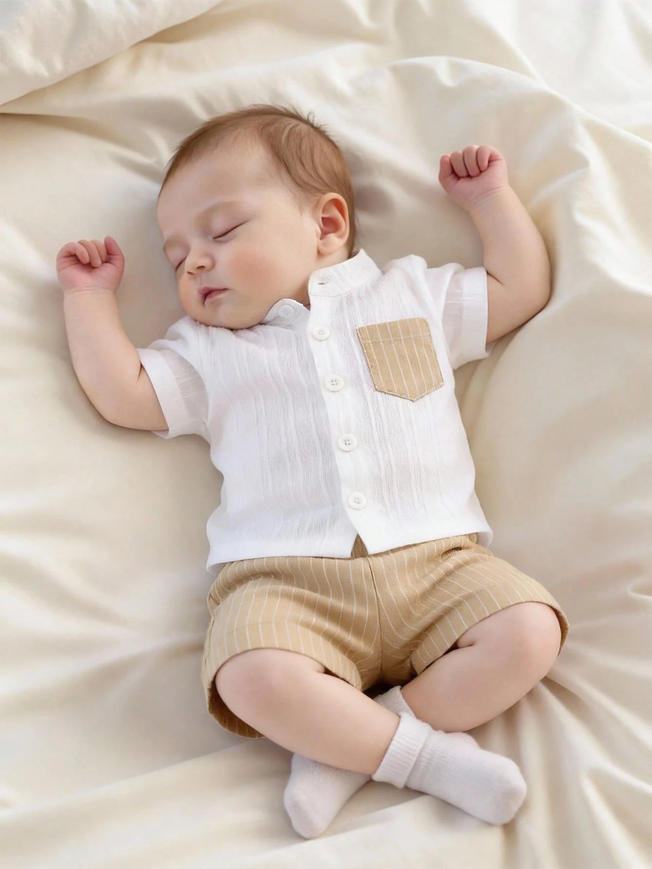 2pcs/Set Newborn Baby Boys' Summer Casual Outfit Light Blue Cotton Short Sleeve Polo Shirt & Shorts Car Airplane Rainbow Print Soft Clothes