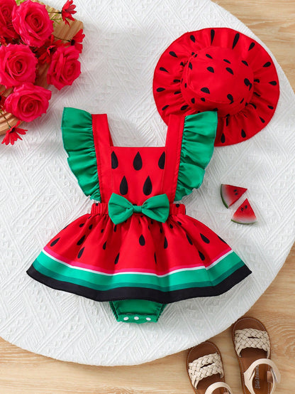 2pcs/Set Newborn Baby Girls Watermelon Print Romper & Hat Outfit, Cute Sweet Outdoor Fashion Summer Set