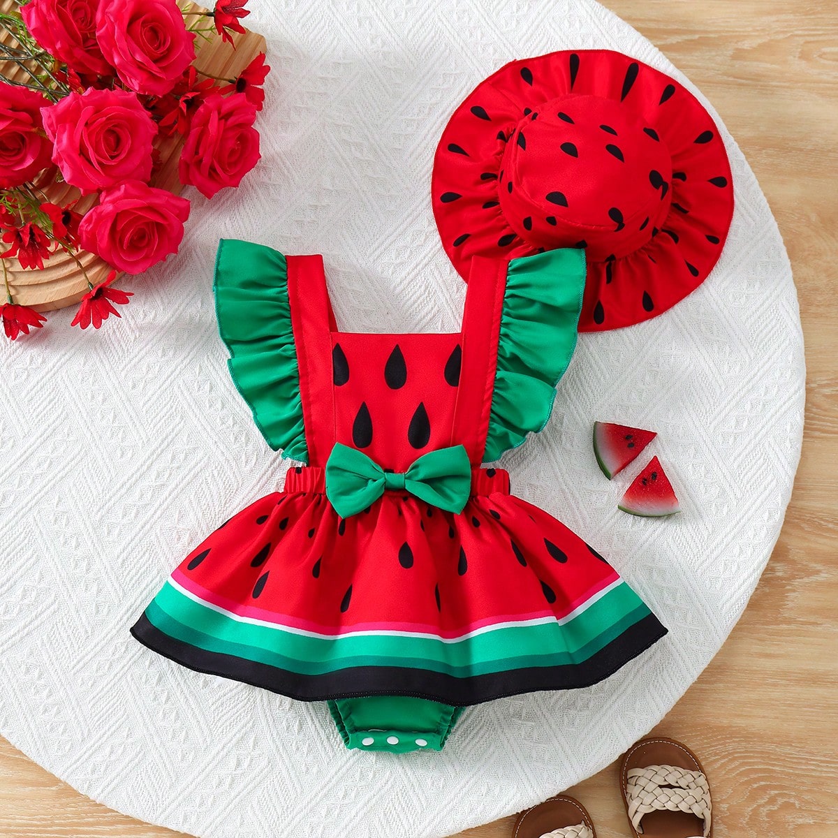 2pcs/Set Newborn Baby Girls Watermelon Print Romper & Hat Outfit, Cute Sweet Outdoor Fashion Summer Set