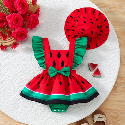 2pcs/Set Newborn Baby Girls Watermelon Print Romper & Hat Outfit, Cute Sweet Outdoor Fashion Summer Set