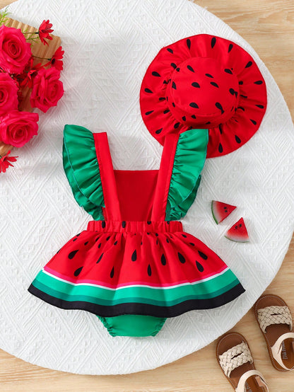 2pcs/Set Newborn Baby Girls Watermelon Print Romper & Hat Outfit, Cute Sweet Outdoor Fashion Summer Set