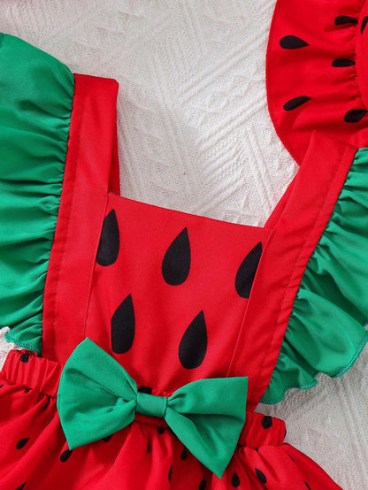 2pcs/Set Newborn Baby Girls Watermelon Print Romper & Hat Outfit, Cute Sweet Outdoor Fashion Summer Set