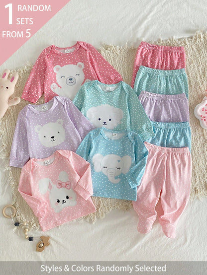 2pcs/Set Newborn Baby Outfit With Fun Cartoon Pattern Design, Soft And Skin-Friendly Fabric, Comfortable Home Wear For Kids, Promotes Comfortable Sleep And Healthy Growth