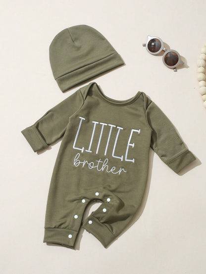 2Pcs Set Newborn Boy Photography Outfits Little Brother Embroidery Baby Coming Home Outfit Baby Shower Gift 1 Month 3 Month Infant Photo Props