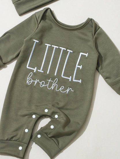 2Pcs Set Newborn Boy Photography Outfits Little Brother Embroidery Baby Coming Home Outfit Baby Shower Gift 1 Month 3 Month Infant Photo Props