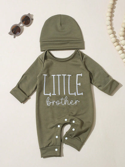 2Pcs Set Newborn Boy Photography Outfits Little Brother Embroidery Baby Coming Home Outfit Baby Shower Gift 1 Month 3 Month Infant Photo Props