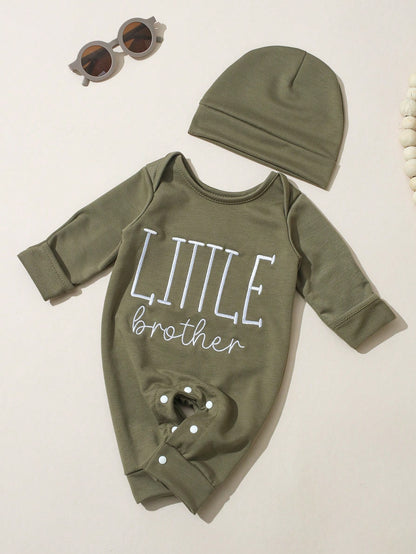 2Pcs Set Newborn Boy Photography Outfits Little Brother Embroidery Baby Coming Home Outfit Baby Shower Gift 1 Month 3 Month Infant Photo Props