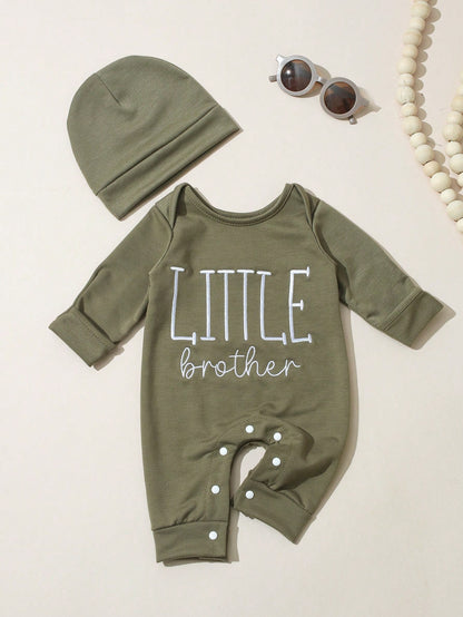 2Pcs Set Newborn Boy Photography Outfits Little Brother Embroidery Baby Coming Home Outfit Baby Shower Gift 1 Month 3 Month Infant Photo Props