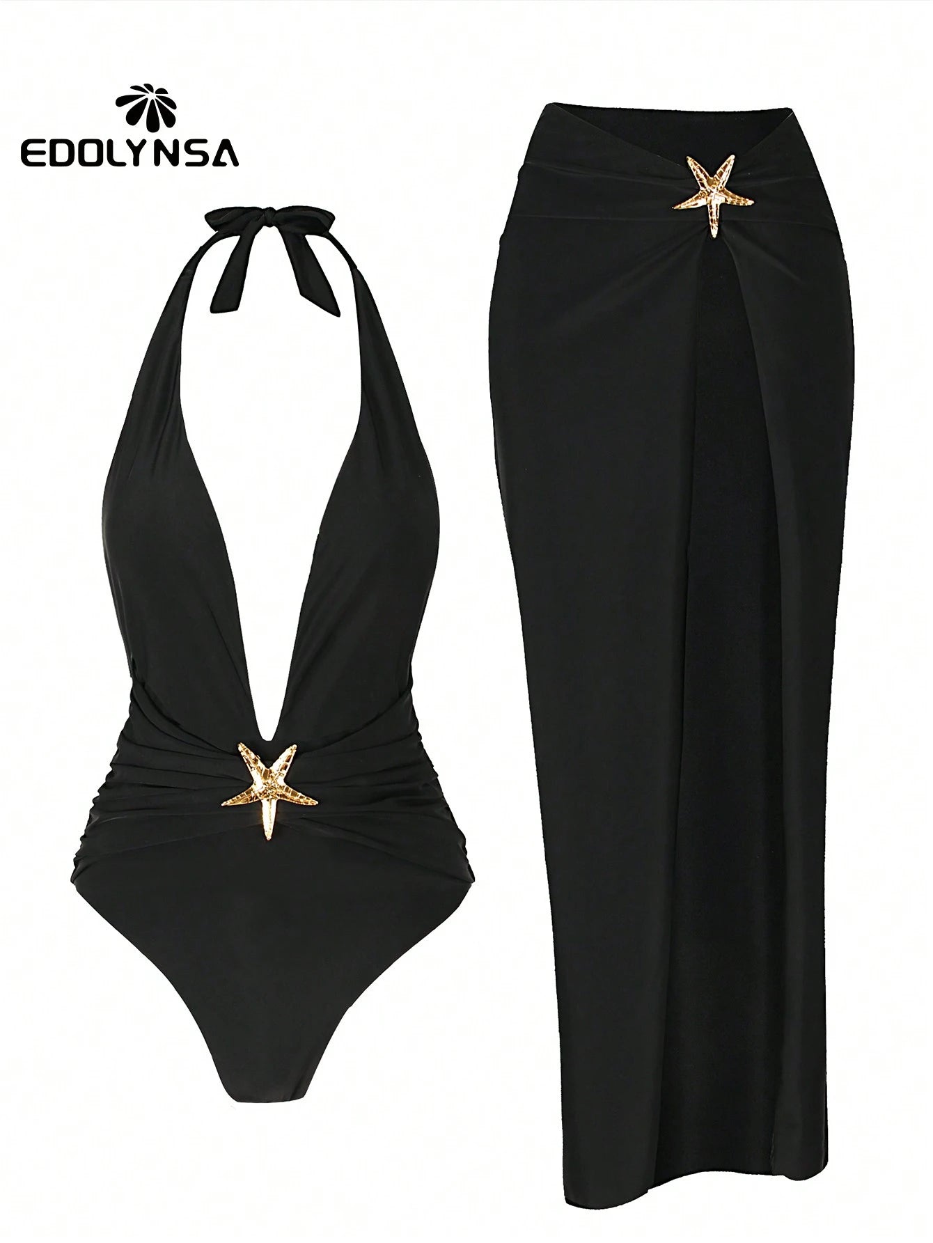 2pcs/Set Summer Beach Swimsuit: Starfish Print Swimsuit And High Slit Maxi Skirt Vacation Black