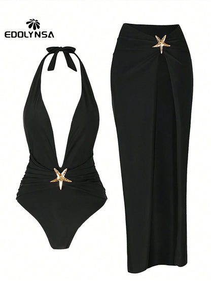2pcs/Set Summer Beach Swimsuit: Starfish Print Swimsuit And High Slit Maxi Skirt Vacation Black