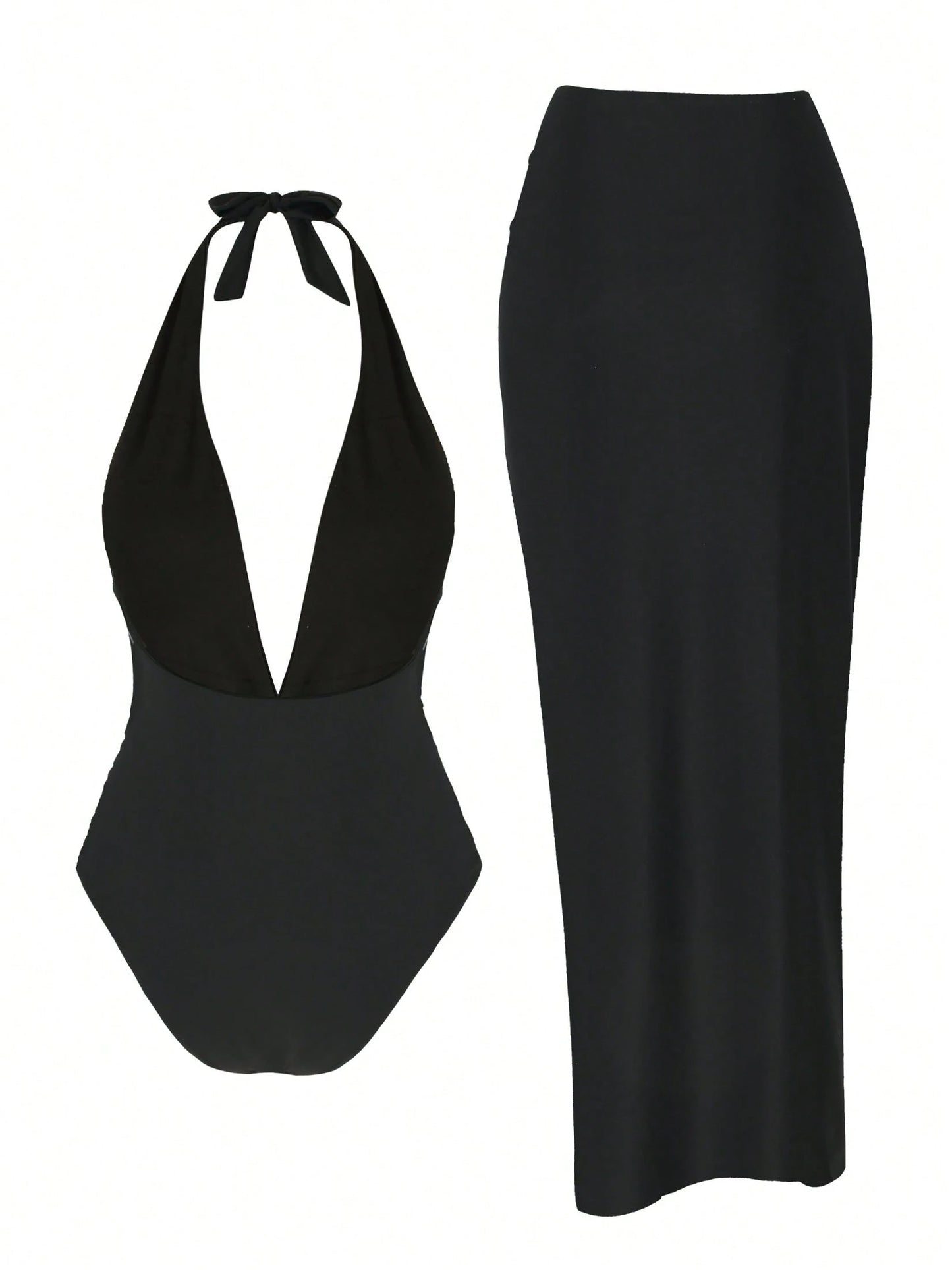 2pcs/Set Summer Beach Swimsuit: Starfish Print Swimsuit And High Slit Maxi Skirt Vacation Black