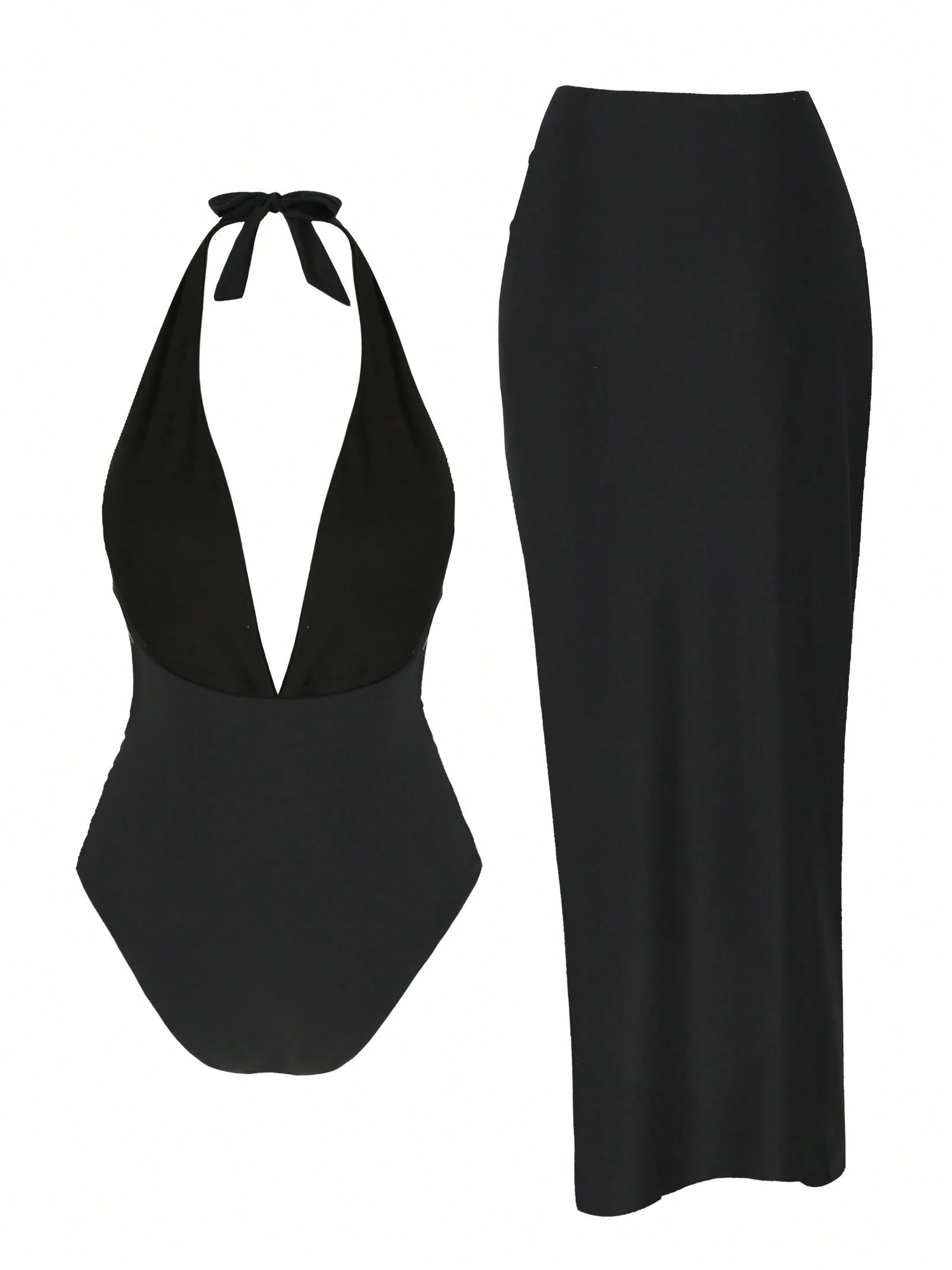 2pcs/Set Summer Beach Swimsuit: Starfish Print Swimsuit And High Slit Maxi Skirt Vacation Black