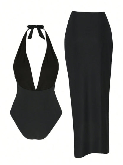 2pcs/Set Summer Beach Swimsuit: Starfish Print Swimsuit And High Slit Maxi Skirt Vacation Black