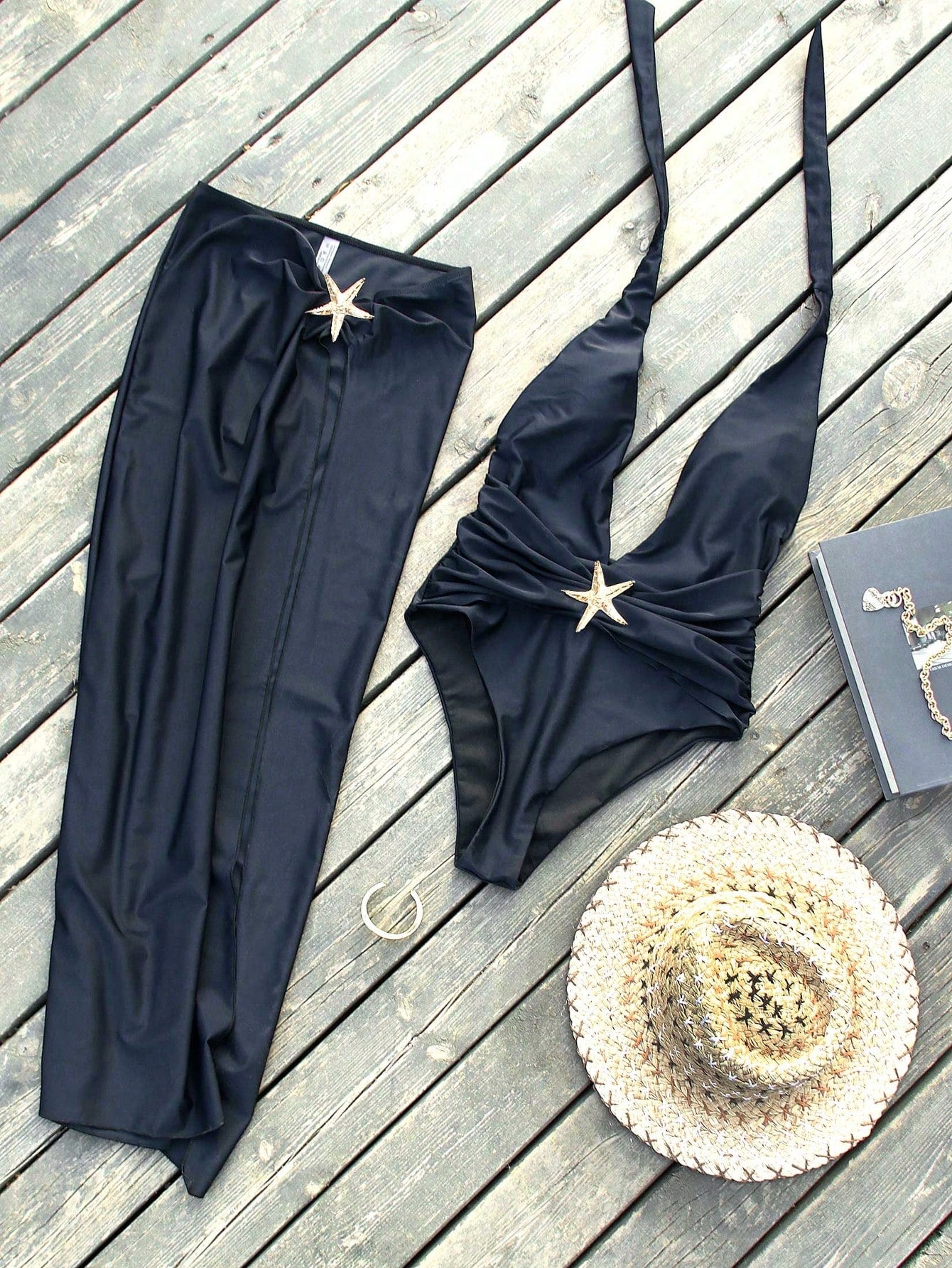 2pcs/Set Summer Beach Swimsuit: Starfish Print Swimsuit And High Slit Maxi Skirt Vacation Black