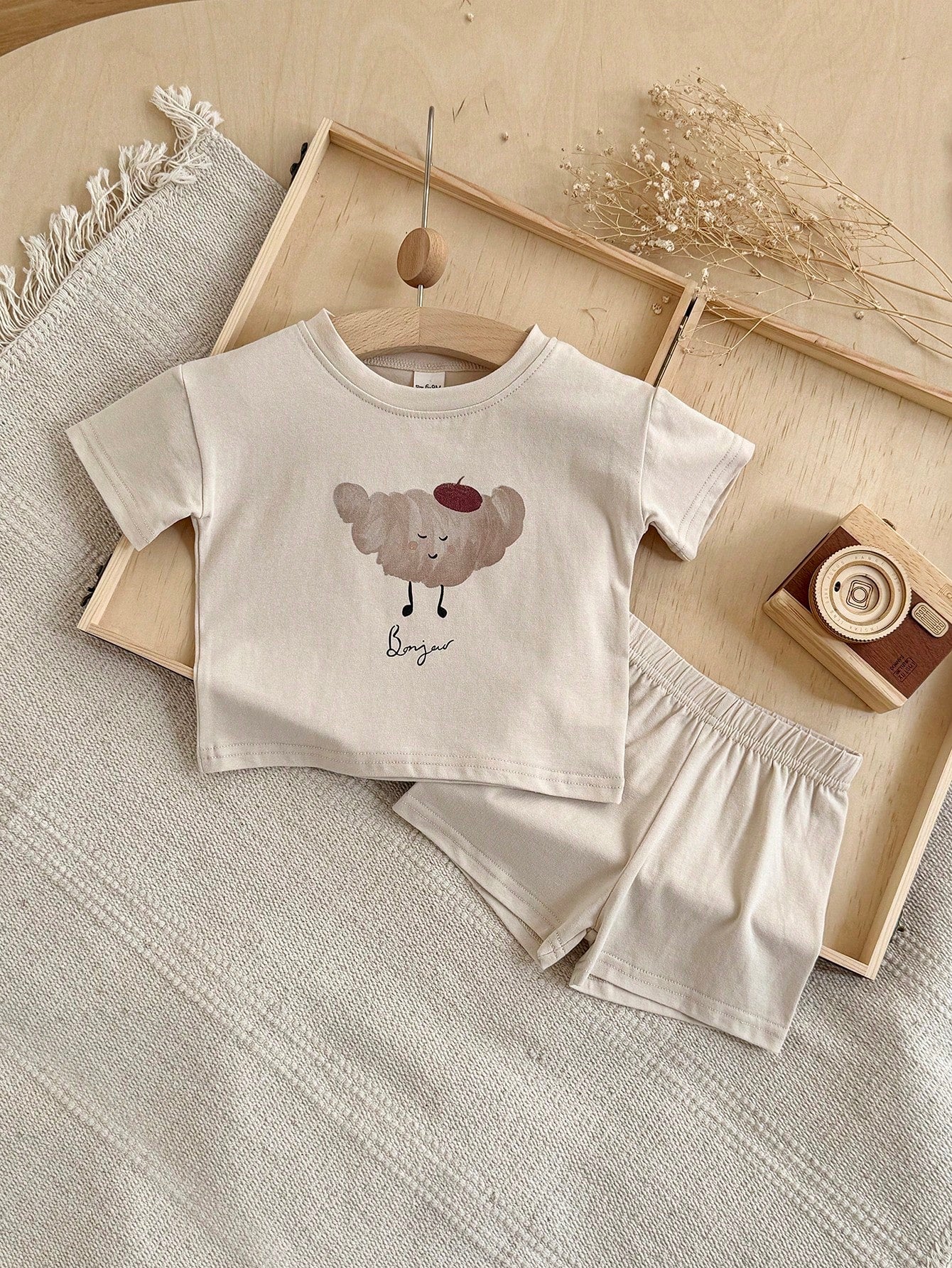 2pcs/Set Summer Infant/Toddler Baby Food Bun Print Short Sleeve T-Shirt And Shorts Casual Outfit