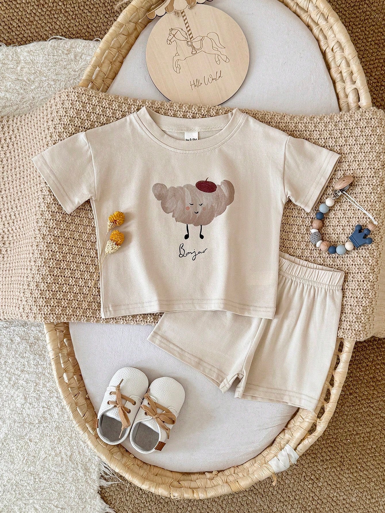2pcs/Set Summer Infant/Toddler Baby Food Bun Print Short Sleeve T-Shirt And Shorts Casual Outfit