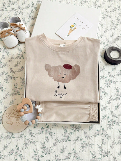 2pcs/Set Summer Infant/Toddler Baby Food Bun Print Short Sleeve T-Shirt And Shorts Casual Outfit