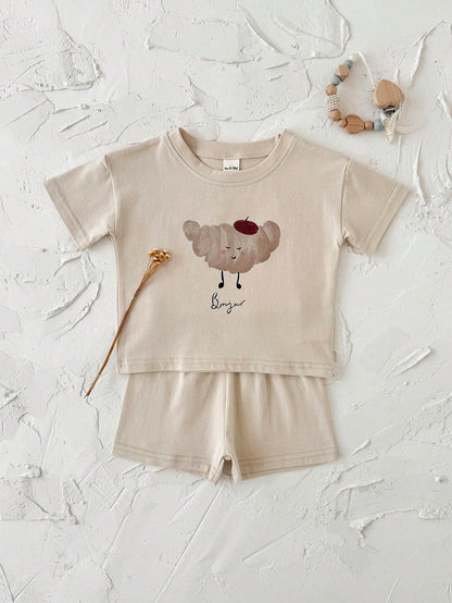 2pcs/Set Summer Infant/Toddler Baby Food Bun Print Short Sleeve T-Shirt And Shorts Casual Outfit