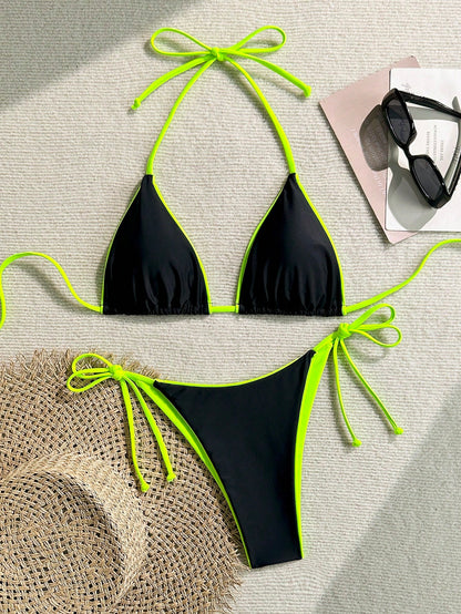 2pcs/Set Women Leopard Print Spaghetti Strap Tie Sexy Bikini Set, Suitable For Beach Vacation And Halloween Wear, Summer 2025