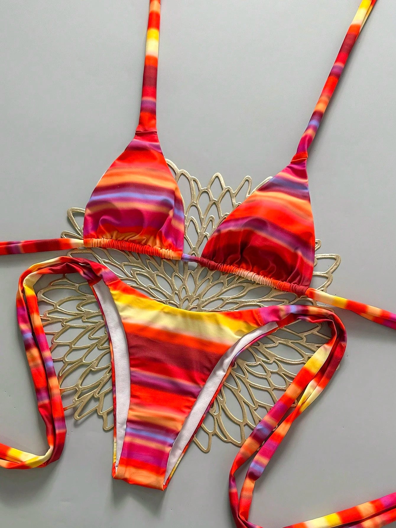 2pcs Sexy Dopamine Striped Halter Bikini Set- Adjustable Tie Top + Low-Waist Bottoms| Goddess Vacation Swimwear Beach Summer