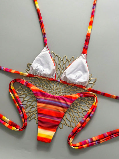 2pcs Sexy Dopamine Striped Halter Bikini Set- Adjustable Tie Top + Low-Waist Bottoms| Goddess Vacation Swimwear Beach Summer
