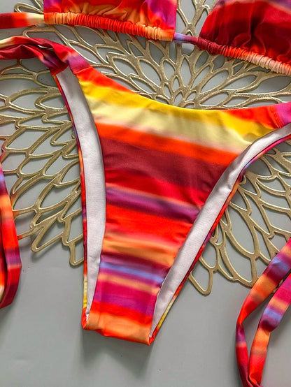 2pcs Sexy Dopamine Striped Halter Bikini Set- Adjustable Tie Top + Low-Waist Bottoms| Goddess Vacation Swimwear Beach Summer