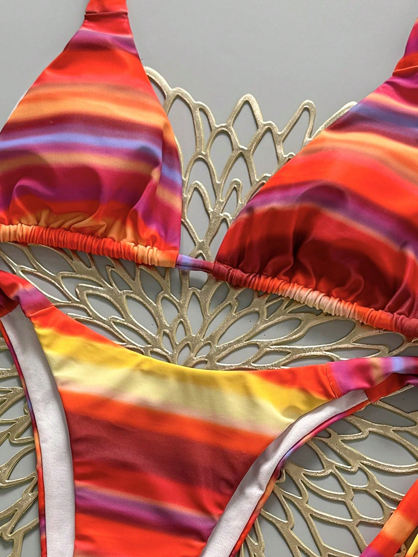 2pcs Sexy Dopamine Striped Halter Bikini Set- Adjustable Tie Top + Low-Waist Bottoms| Goddess Vacation Swimwear Beach Summer