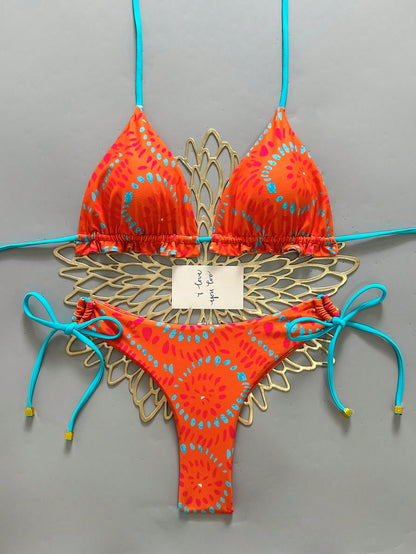 2pcs Solid Color Casual Cute Elegant Sexy Tie-Up Pearl Ball Polka Dot Bohemian Bikini Swimwear, Beach Resort Wear, Spring/Summer Vacation