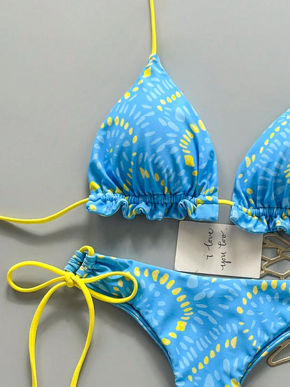 2pcs Solid Color Casual Cute Elegant Sexy Tie-Up Pearl Ball Polka Dot Bohemian Bikini Swimwear, Beach Resort Wear, Spring/Summer Vacation
