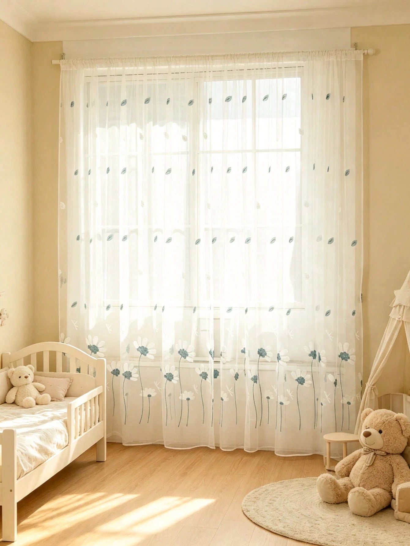 2pcs White Semi-Transparent Embroidered Floral Pattern Curtains, Lightweight And Durable, Suitable For Baby Shower Decoration, Gender Reveal Decoration, Children's Room Decoration