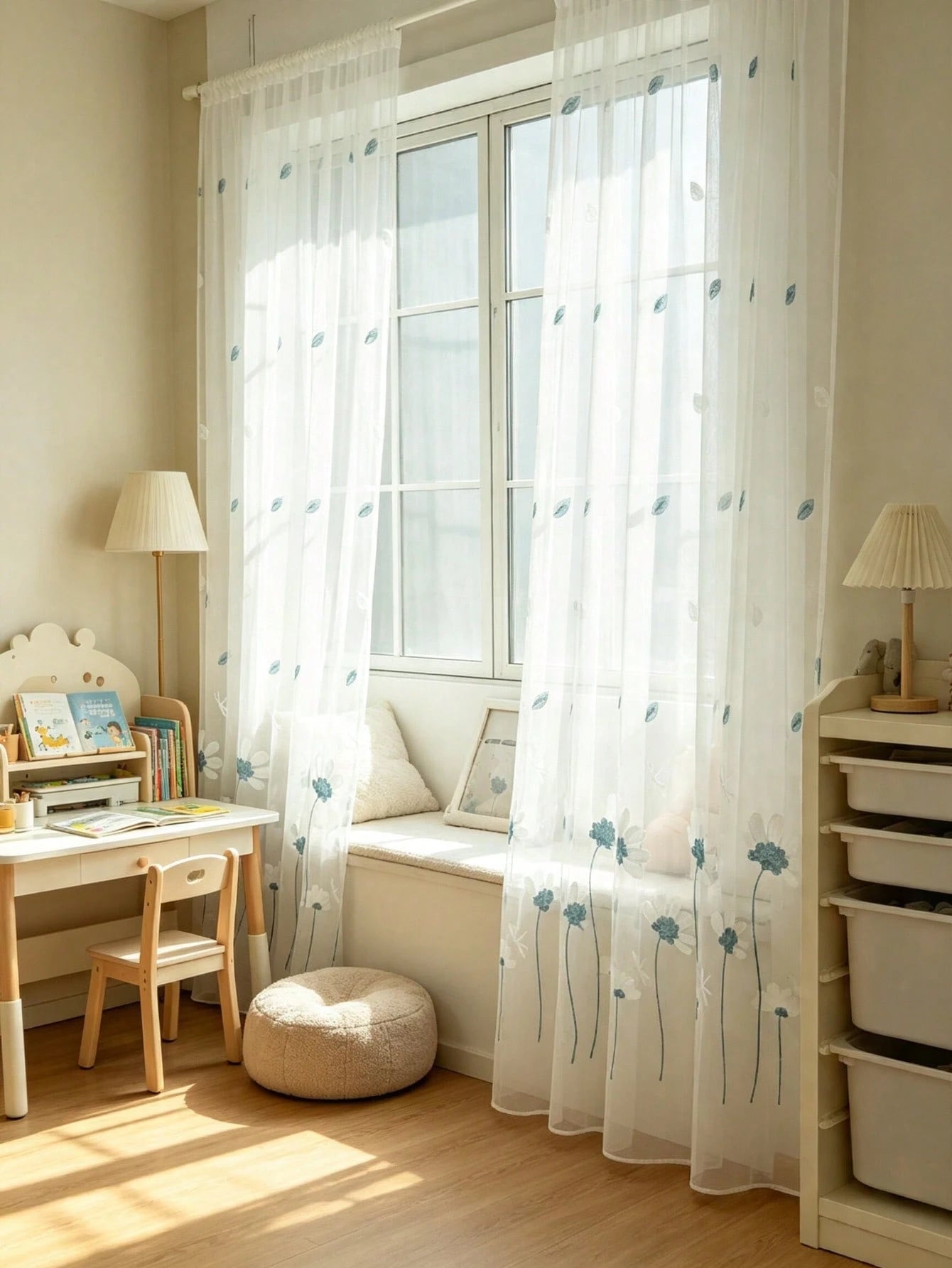 2pcs White Semi-Transparent Embroidered Floral Pattern Curtains, Lightweight And Durable, Suitable For Baby Shower Decoration, Gender Reveal Decoration, Children's Room Decoration