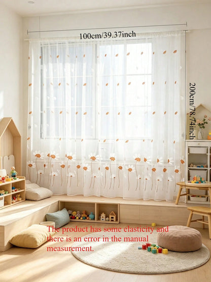 2pcs White Semi-Transparent Embroidered Floral Pattern Curtains, Lightweight And Durable, Suitable For Baby Shower Decoration, Gender Reveal Decoration, Children's Room Decoration